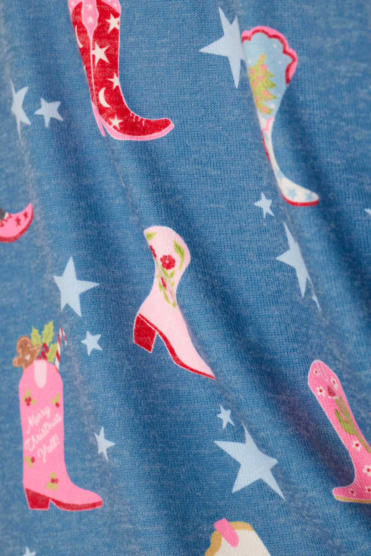 Howdy Holidays Cowboy Boots & Star Print Long Sleeve PJ Set - STEEL BLUE
