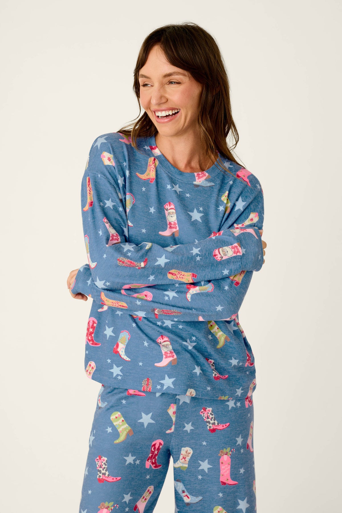 Howdy Holidays Cowboy Boots & Star Print Long Sleeve Top - STEEL BLUE
