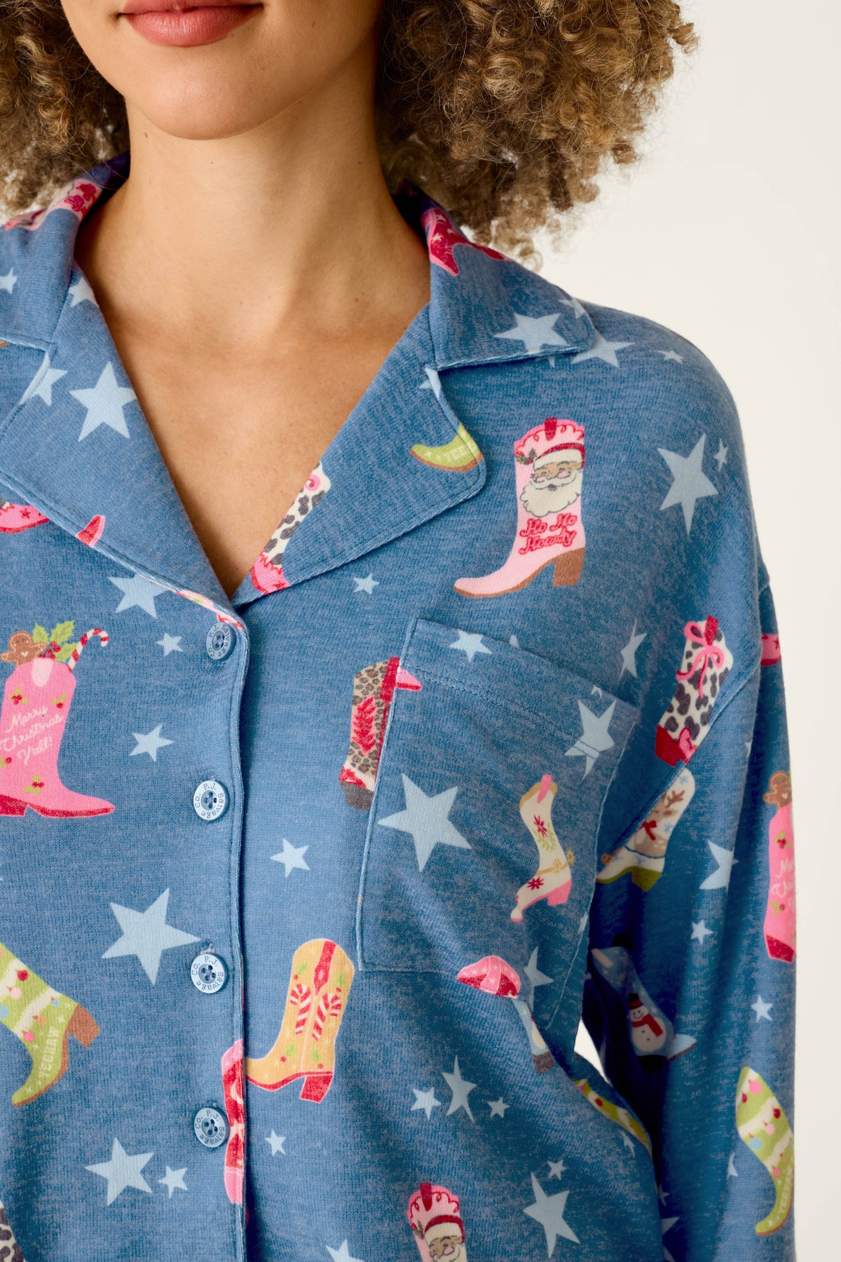 Howdy Holidays Cowboy Boots & Star Print Button Front Top - STEEL BLUE