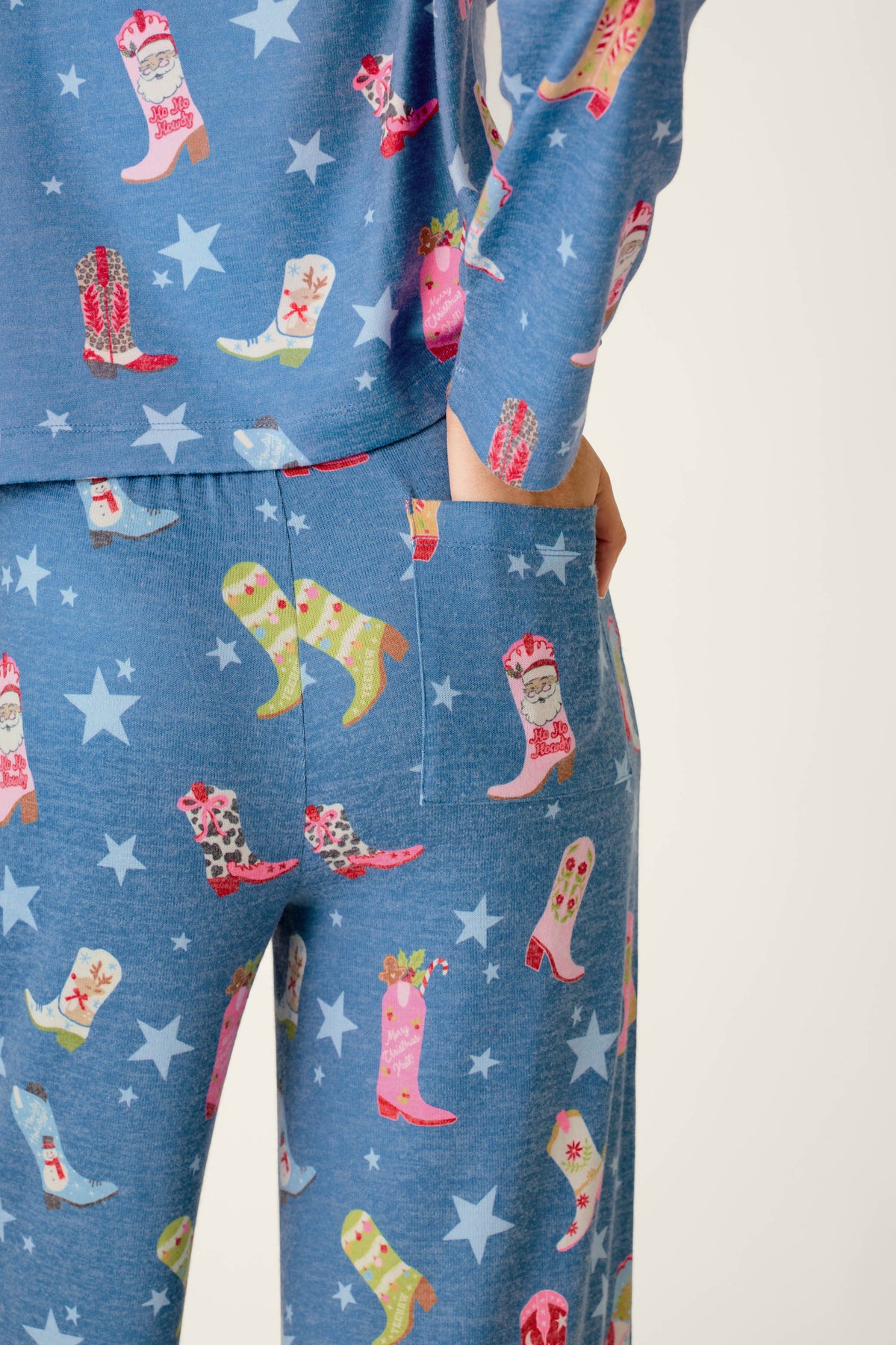 Howdy Holidays Cowboy Boots & Star Print Pajama Pants - STEEL BLUE