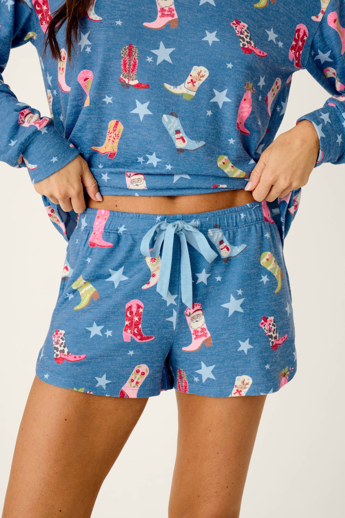 Howdy Holidays Cowboy Boots & Star Print Pajama Shorts - STEEL BLUE