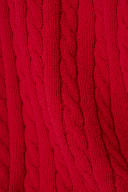 Cozy Chenille Cable Knit Red Beanie With Pom-Pom - JESTER RED