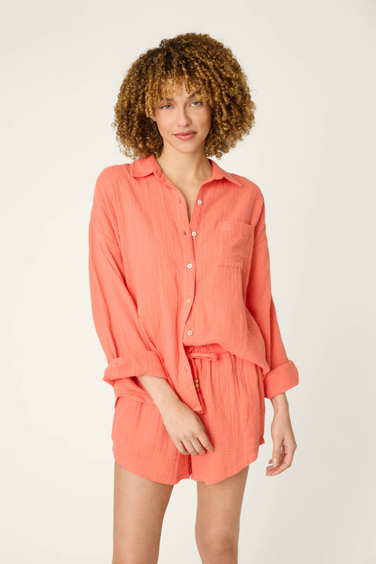 Sea You in Capri Hot Coral Long Sleeve Top - HOT CORAL