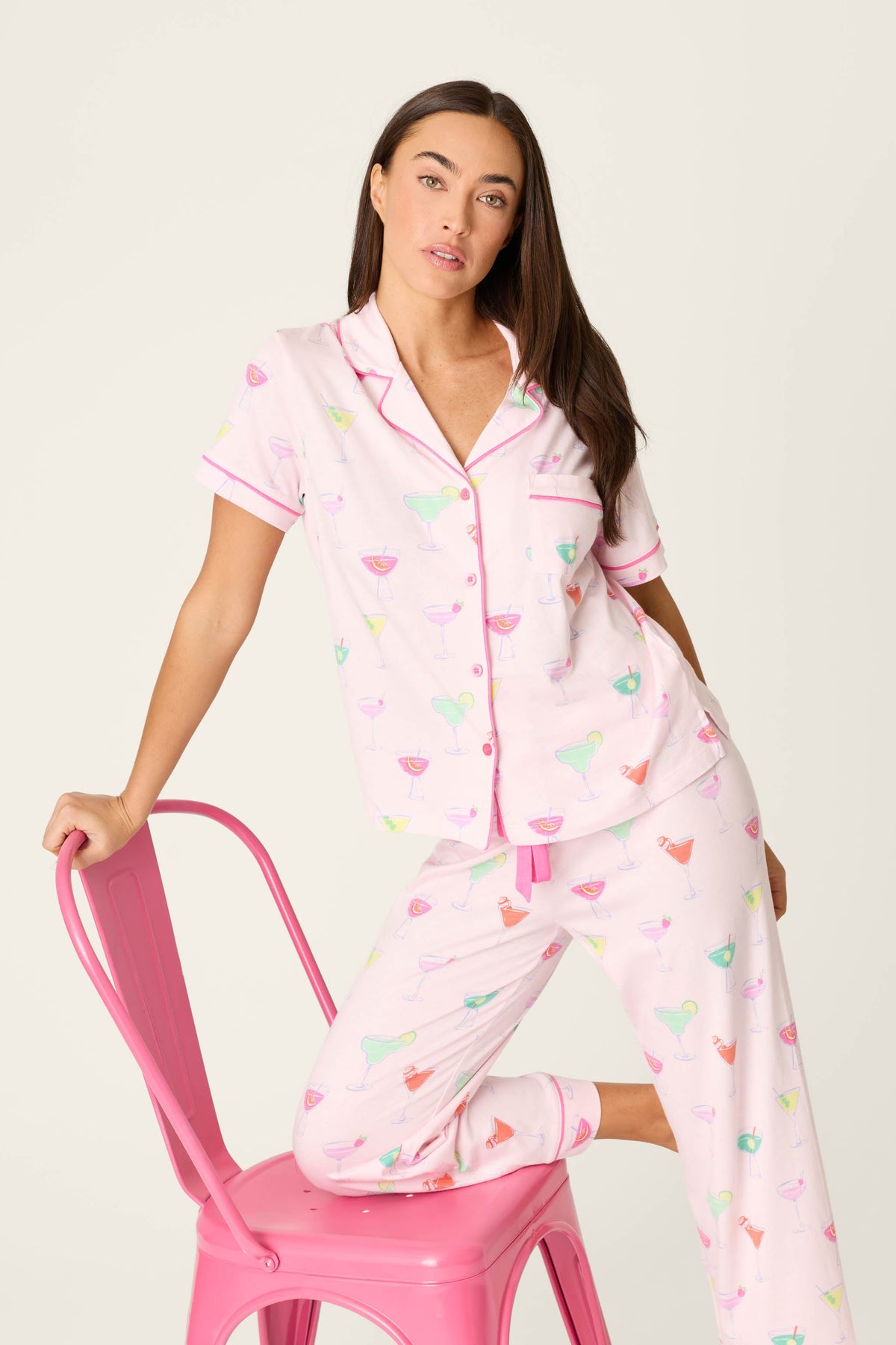 Whimsy Sip Happens Cropped PJ Set - LIGHT PINK