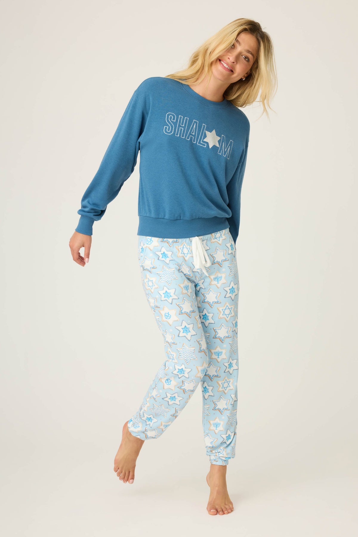 You Had Me At Shalom Cookie Print Banded Pants - LIGHT SKY