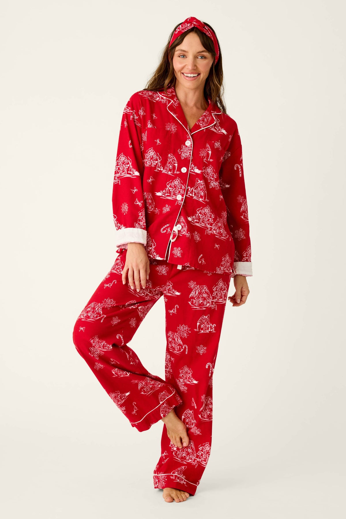 Candy Cane Cottage Gingerbread House Print Flannel 3-Piece PJ Set - JESTER RED