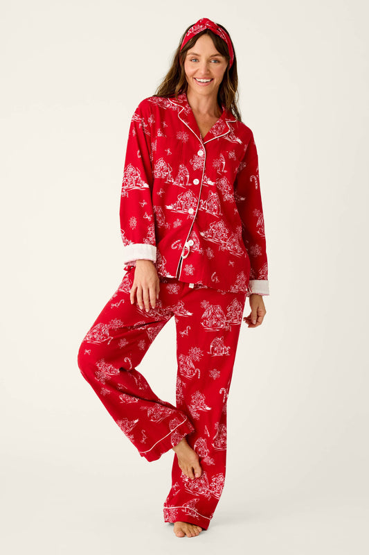 Candy Cane Cottage Gingerbread House Print Flannel 3-Piece PJ Set - JESTER RED