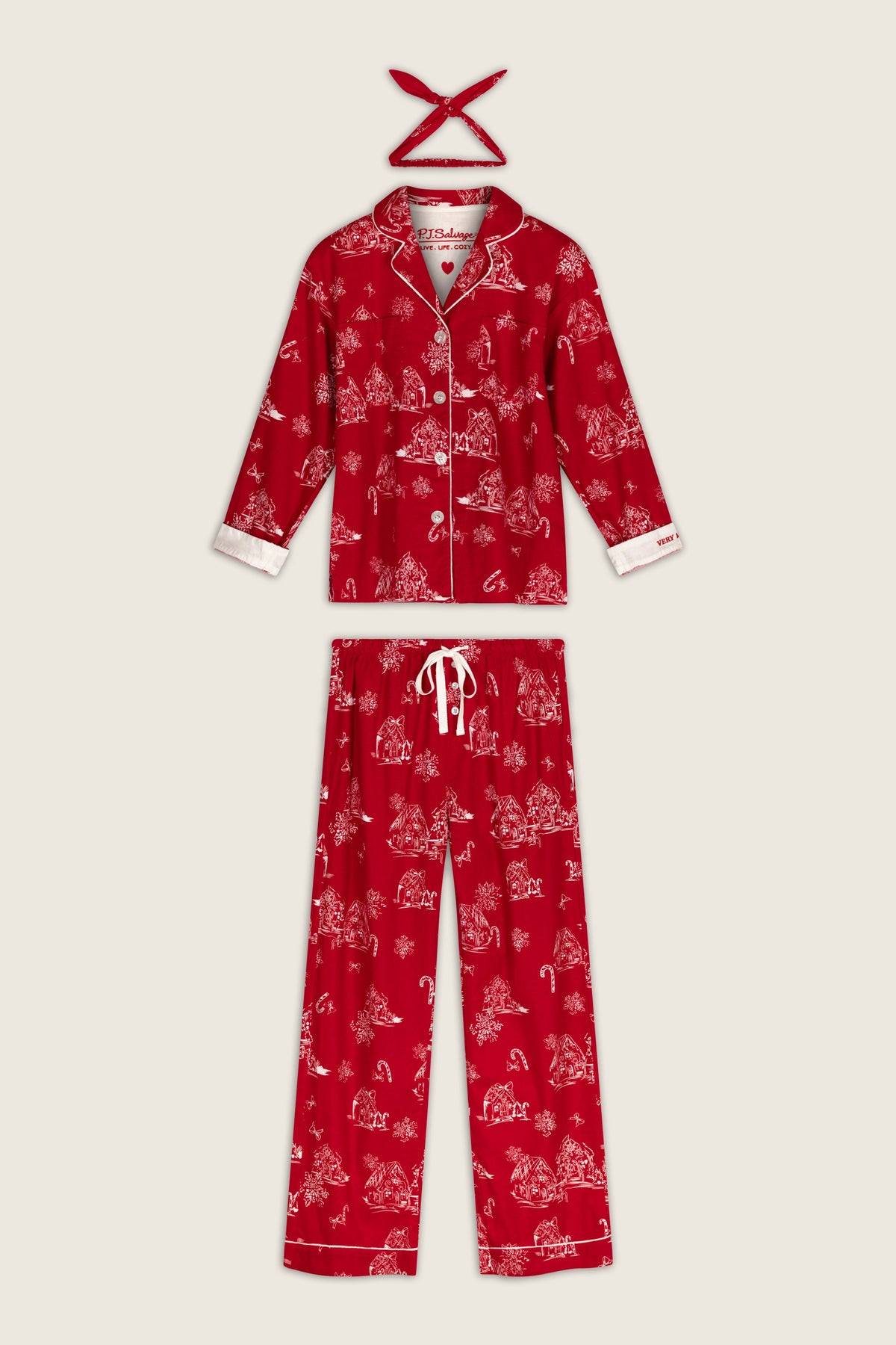 Candy Cane Cottage Gingerbread House Print Flannel 3-Piece PJ Set - JESTER RED