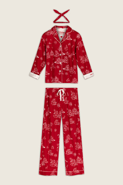 Candy Cane Cottage Gingerbread House Print Flannel 3-Piece PJ Set - JESTER RED