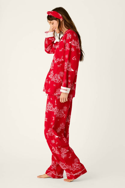 Candy Cane Cottage Gingerbread House Print Flannel 3-Piece PJ Set - JESTER RED