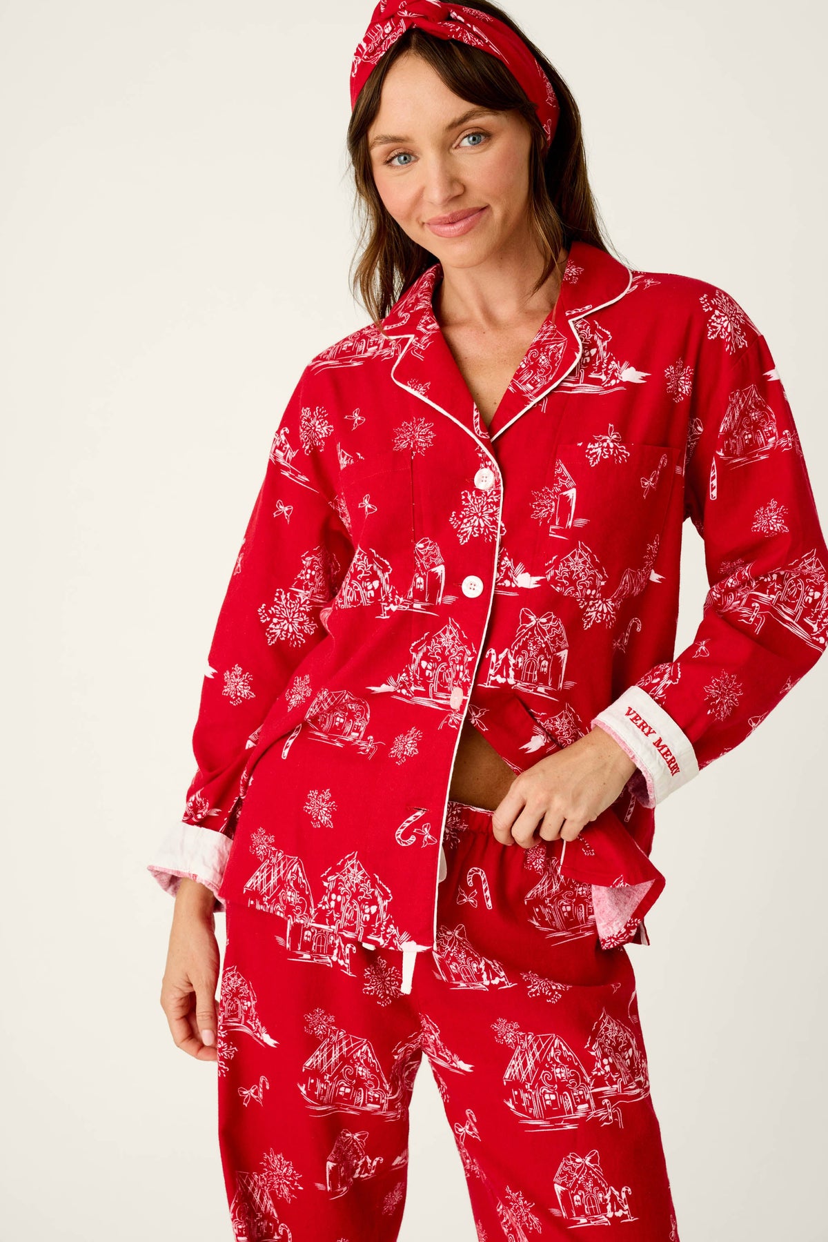 Candy Cane Cottage Gingerbread House Print Flannel 3-Piece PJ Set - JESTER RED
