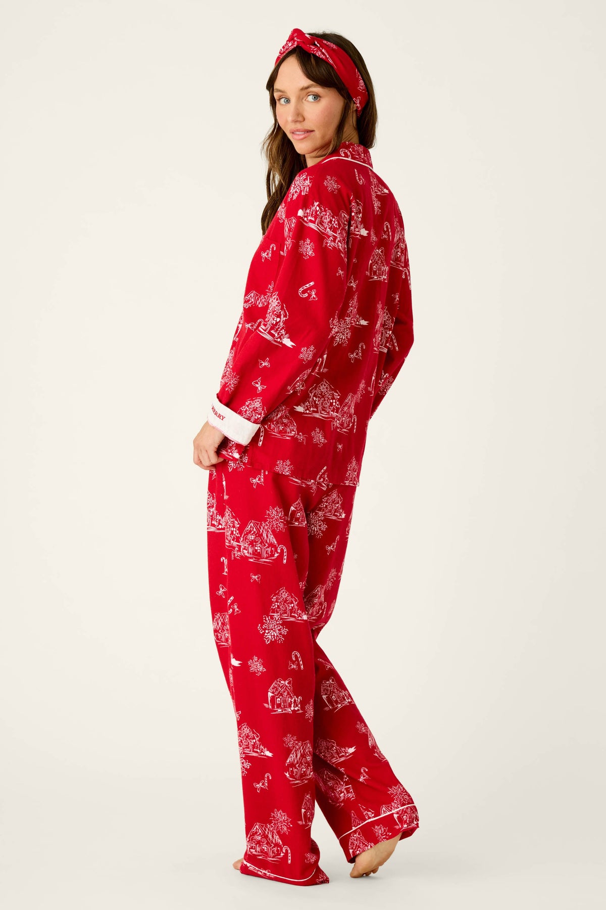 Candy Cane Cottage Gingerbread House Print Flannel 3-Piece PJ Set - JESTER RED