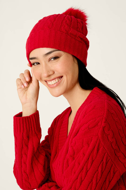 Cozy Chenille Cable Knit Red Beanie With Pom-Pom - JESTER RED
