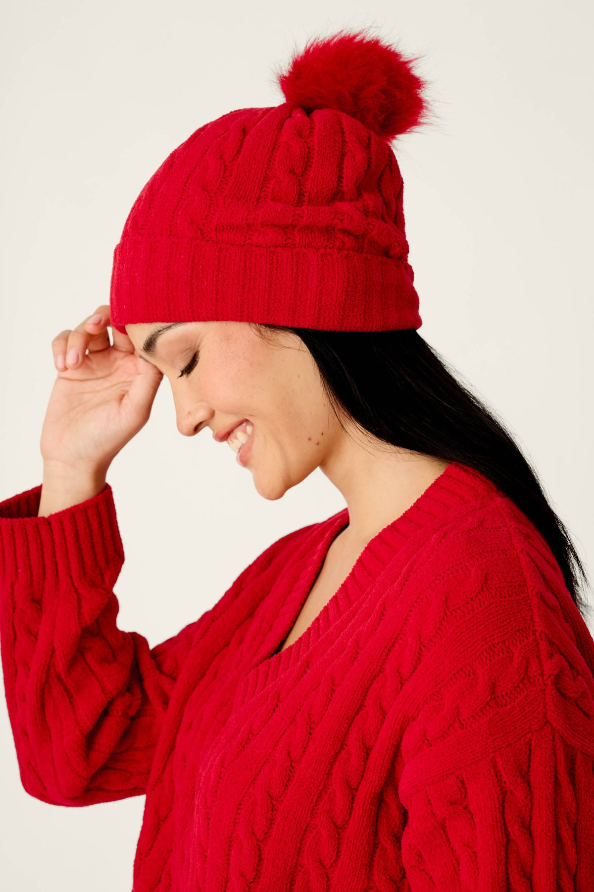 Cozy Chenille Cable Knit Red Beanie With Pom-Pom - JESTER RED