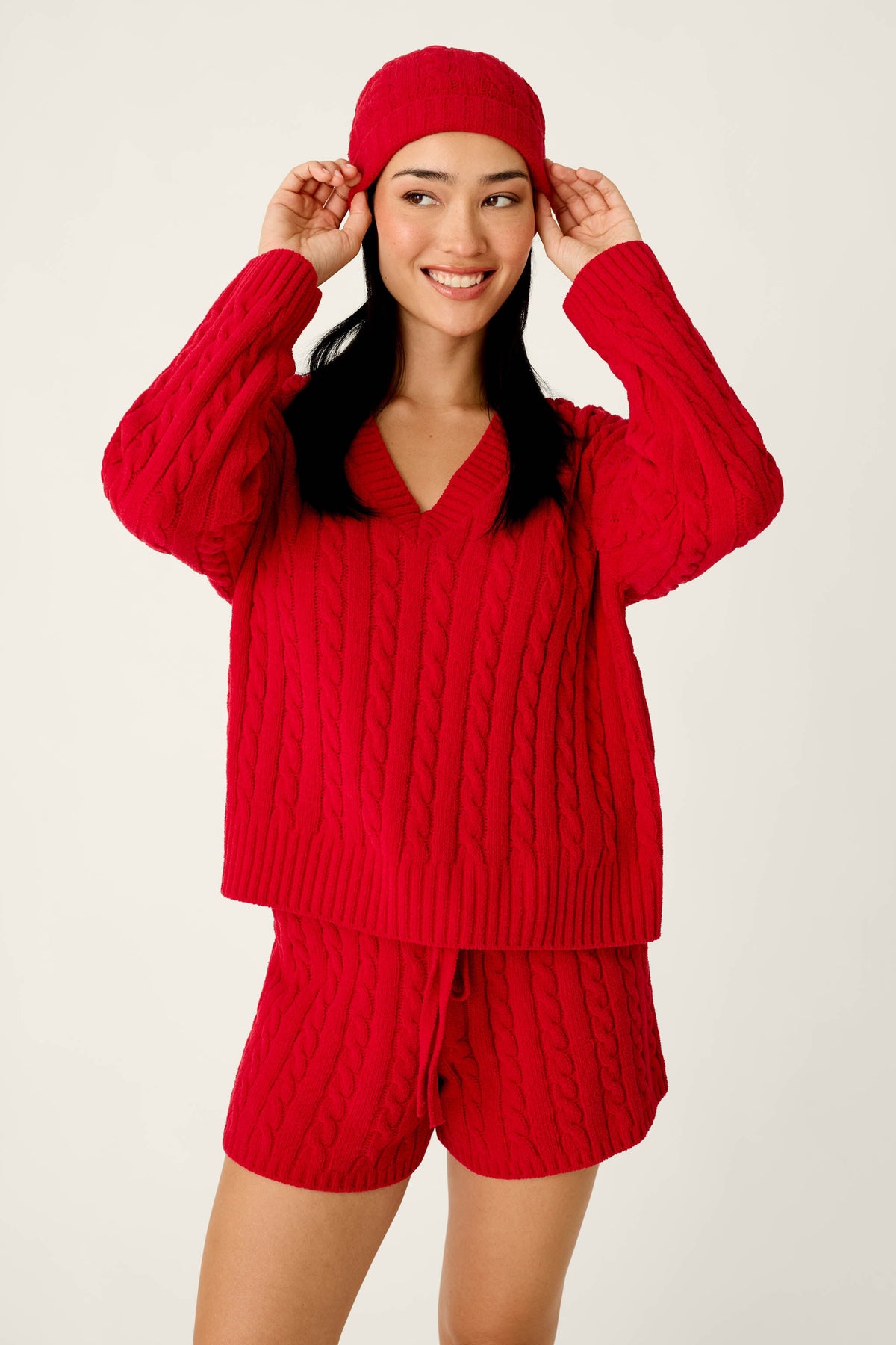 Cozy Chenille Cable Knit Red Beanie With Pom-Pom - JESTER RED