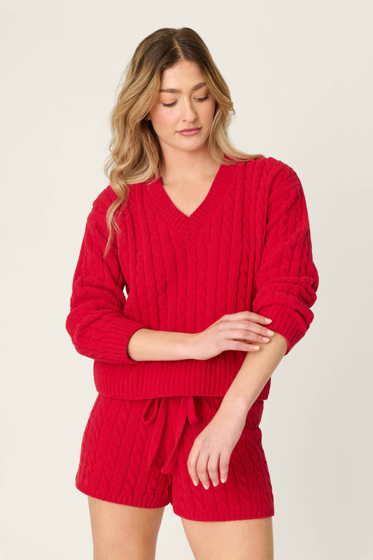 Cozy Chenille Cable Knit Red V-Neck Sweater - JESTER RED
