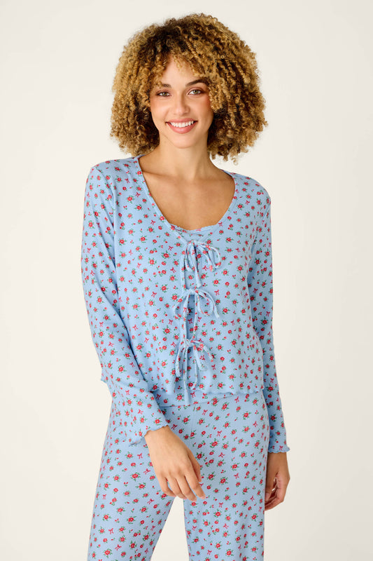 Festive Florals Blue Floral Print Tie-Front Top - SKYRIDE
