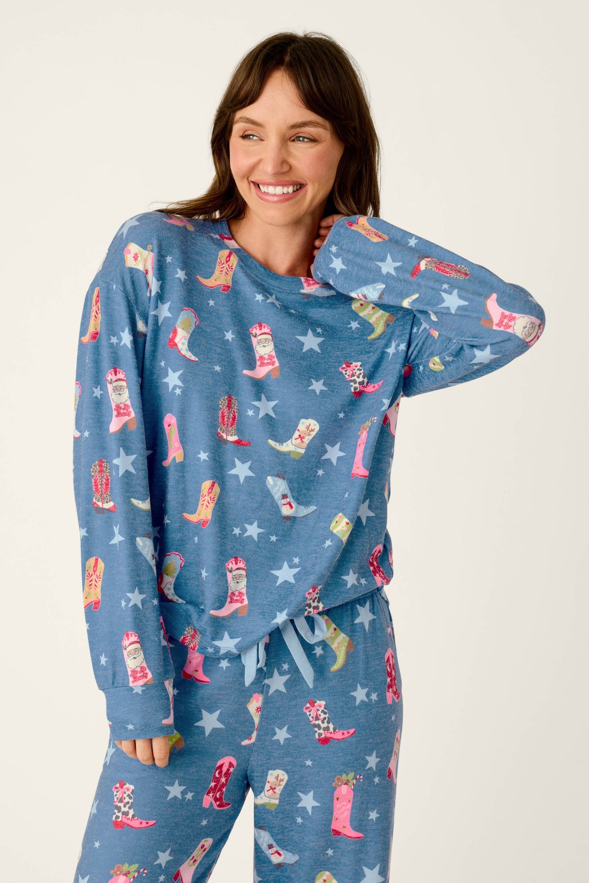 Howdy Holidays Cowboy Boots & Star Print Long Sleeve Top - STEEL BLUE