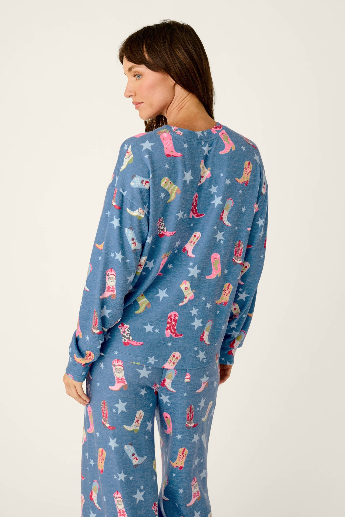 Howdy Holidays Cowboy Boots & Star Print Long Sleeve Top - STEEL BLUE