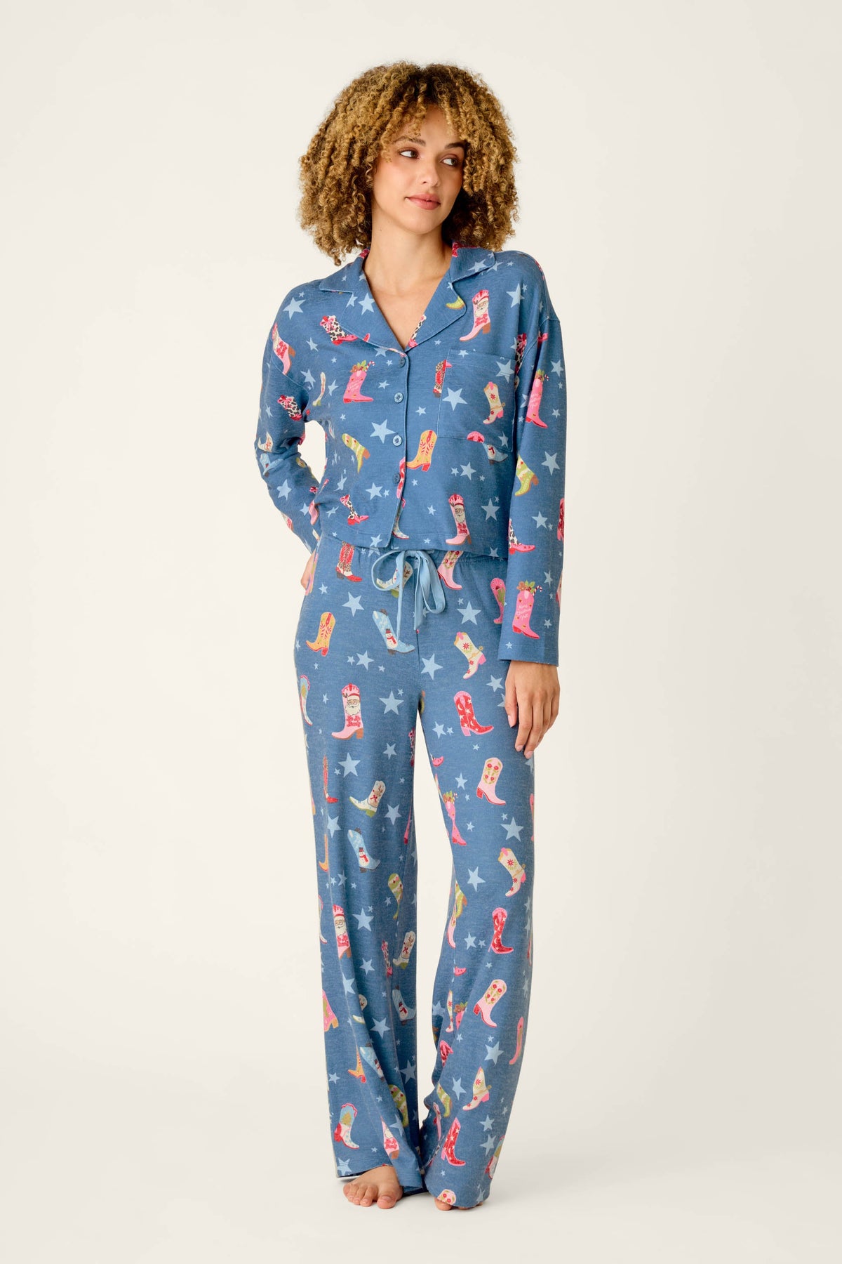Howdy Holidays Cowboy Boots & Star Print Button Front Top - STEEL BLUE