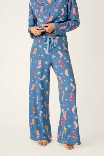 Howdy Holidays Cowboy Boots & Star Print Pajama Pants - STEEL BLUE