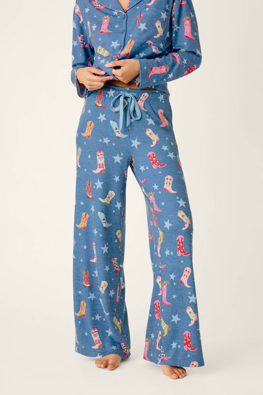 Howdy Holidays Cowboy Boots & Star Print Pajama Pants - STEEL BLUE