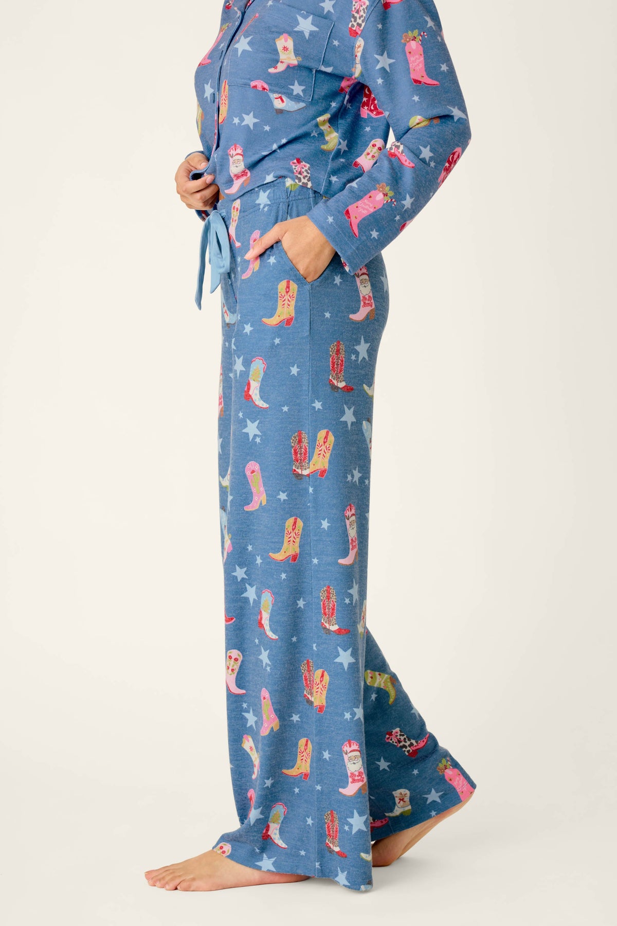 Howdy Holidays Cowboy Boots & Star Print Pajama Pants - STEEL BLUE