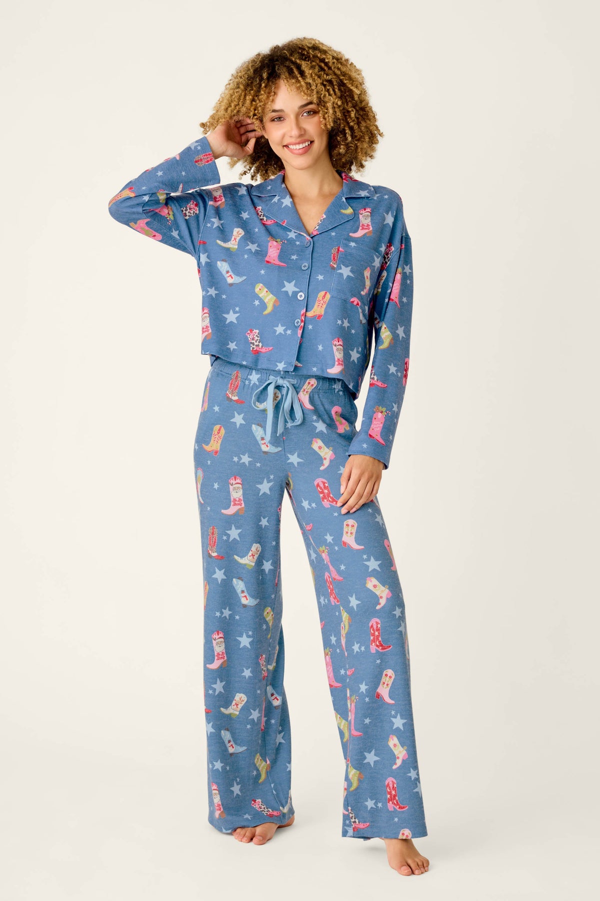 Howdy Holidays Cowboy Boots & Star Print Pajama Pants - STEEL BLUE