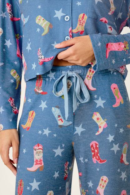 Howdy Holidays Cowboy Boots & Star Print Pajama Pants - STEEL BLUE