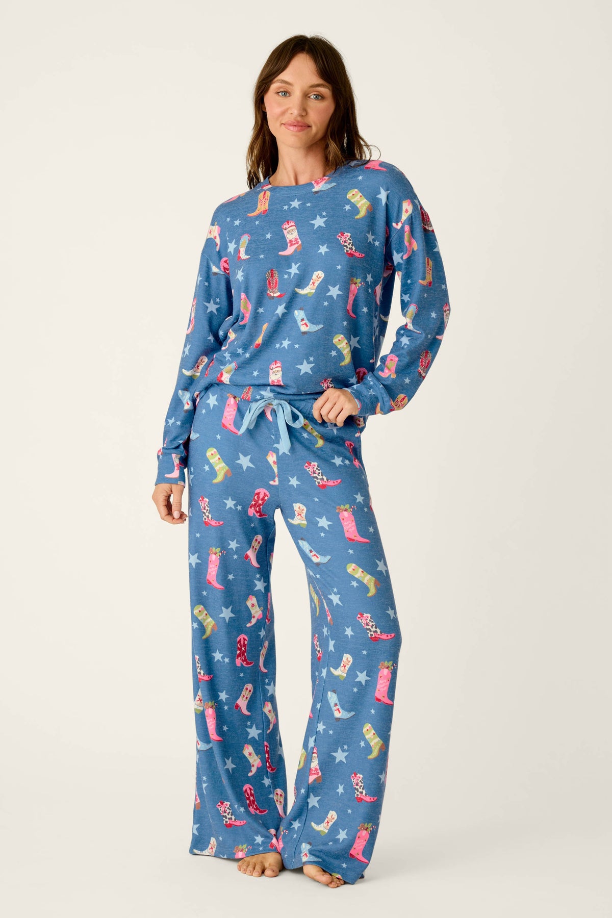 Howdy Holidays Cowboy Boots & Star Print Long Sleeve PJ Set - STEEL BLUE
