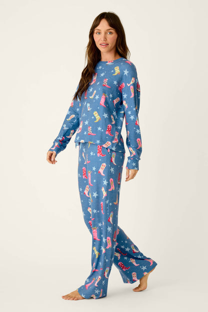 Howdy Holidays Cowboy Boots & Star Print Long Sleeve PJ Set - STEEL BLUE