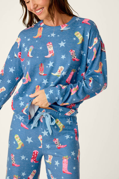 Howdy Holidays Cowboy Boots & Star Print Long Sleeve PJ Set - STEEL BLUE