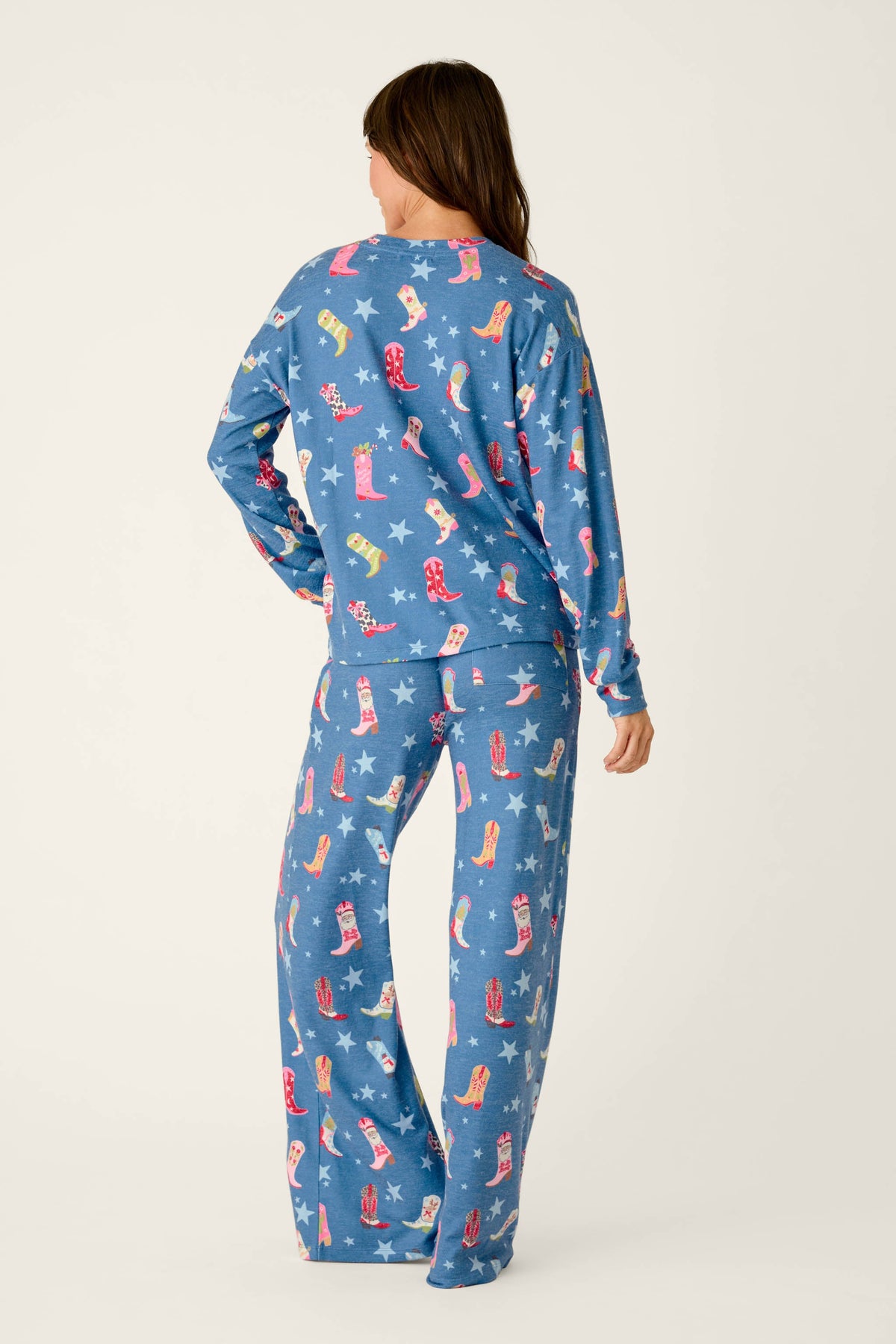 Howdy Holidays Cowboy Boots & Star Print Long Sleeve PJ Set - STEEL BLUE