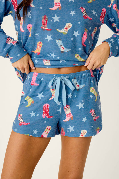 Howdy Holidays Cowboy Boots & Star Print Pajama Shorts - STEEL BLUE