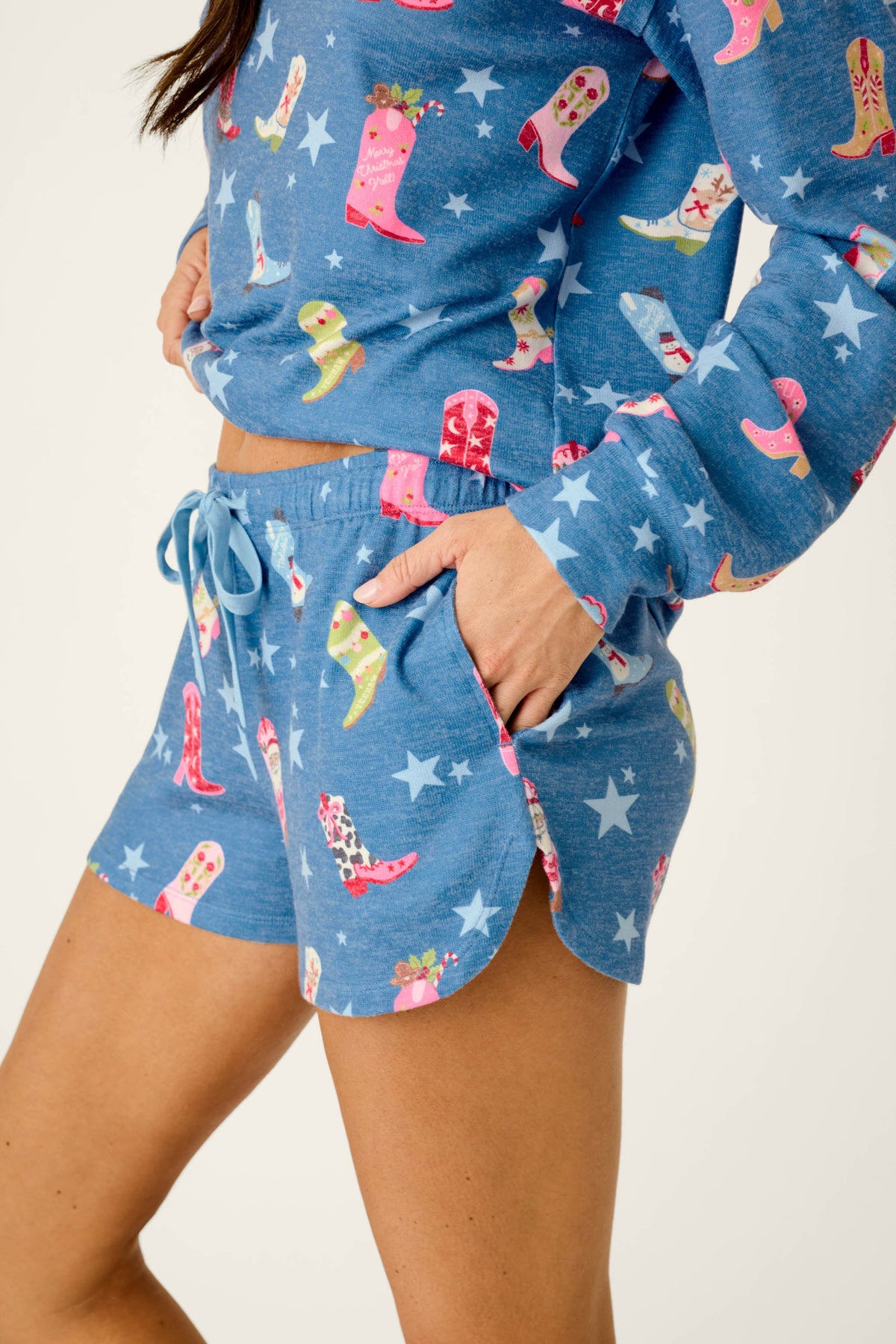 Howdy Holidays Cowboy Boots & Star Print Pajama Shorts - STEEL BLUE