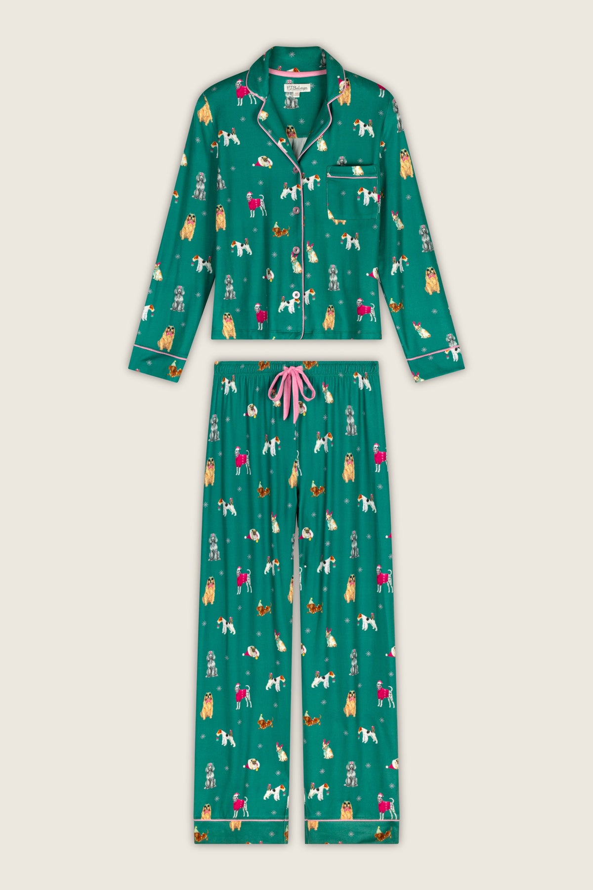 Happy Pawlidays Merry Mutts Dog Print Long Sleeve PJ Set - GREENLAKE