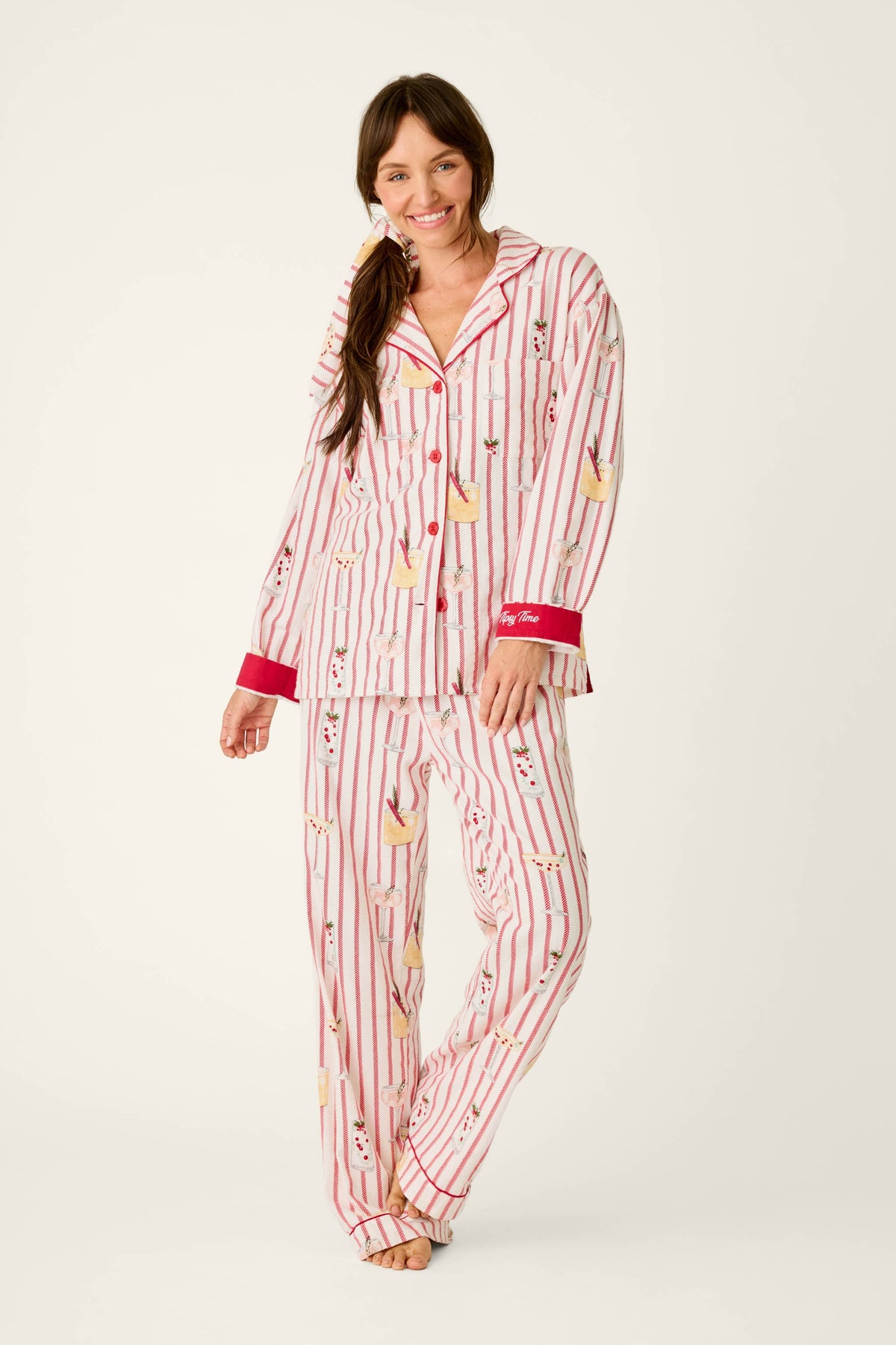 Martinis & Mistletoe Cocktail Print Flannel 3-Piece PJ Set - LIPSTICK