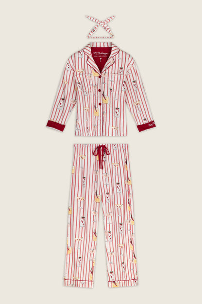 Martinis & Mistletoe Cocktail Print Flannel 3-Piece PJ Set - LIPSTICK