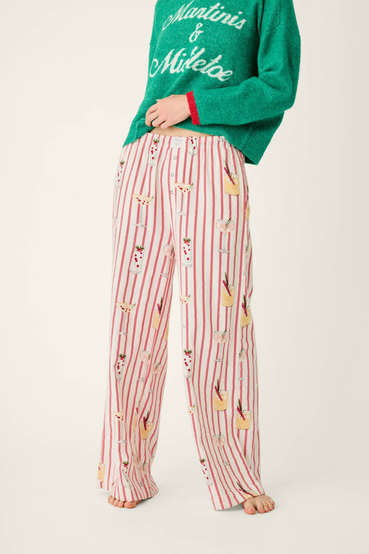 Martinis & Mistletoe Cocktail Print Flannel Pajama Pants - LIPSTICK