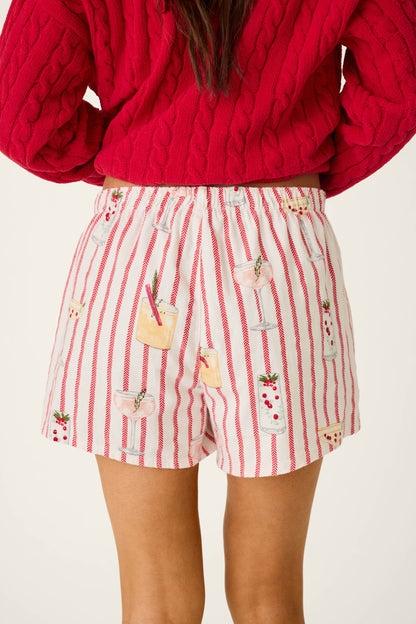 Martinis & Mistletoe Cocktail Print Flannel Pajama Shorts - LIPSTICK