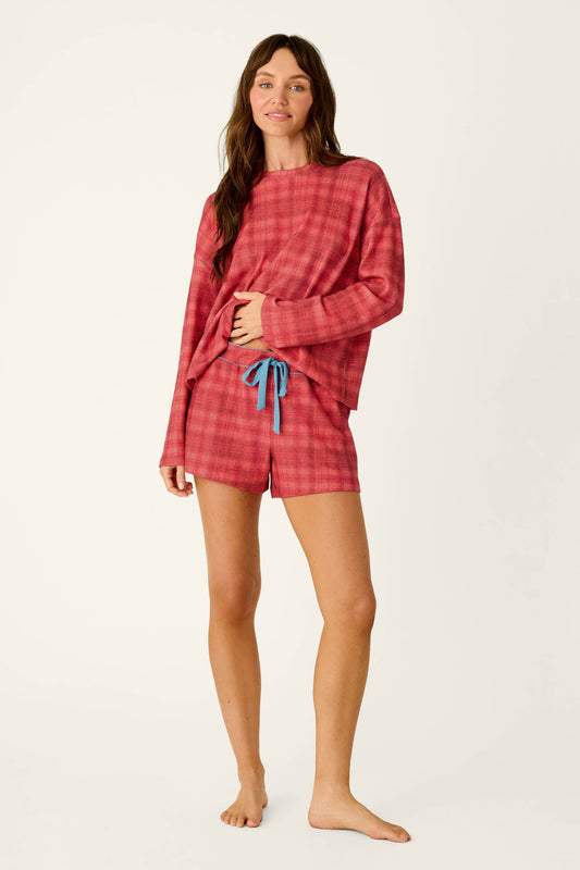 Mad for Plaid Long Sleeve & Shorts PJ Set - LIPSTICK
