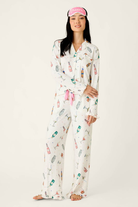 Sip Sip Sparkle Cocktail Charms Print 3-Piece PJ Set - WHITE