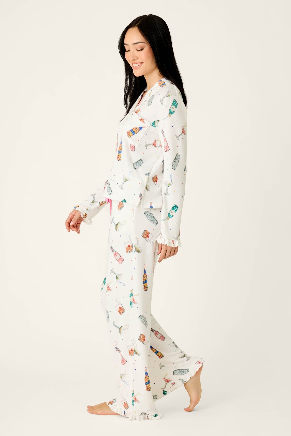 Sip Sip Sparkle Cocktail Charms Print 3-Piece PJ Set - WHITE