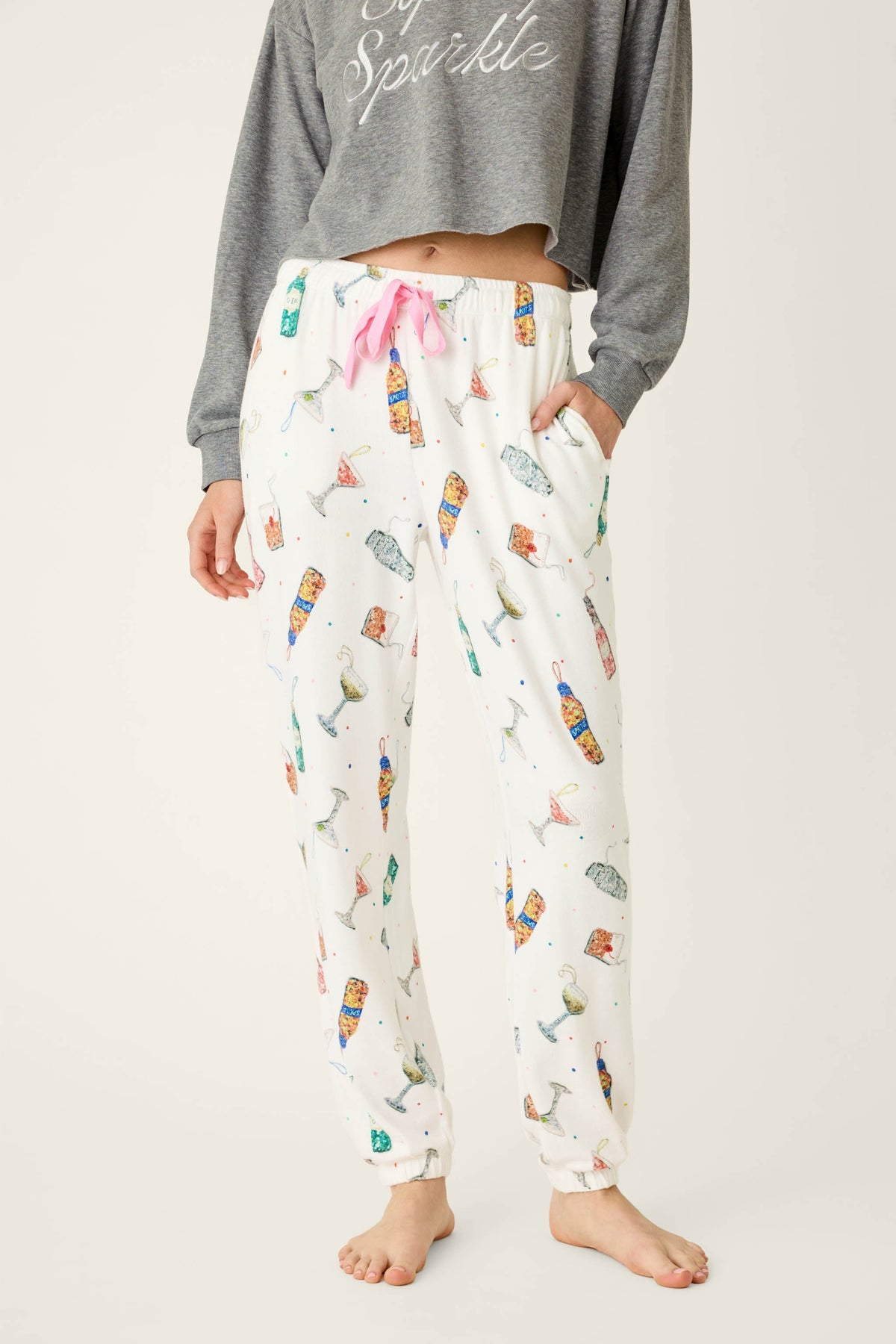 Sip Sip Sparkle Cocktail Charms Print Jogger Pant - WHITE
