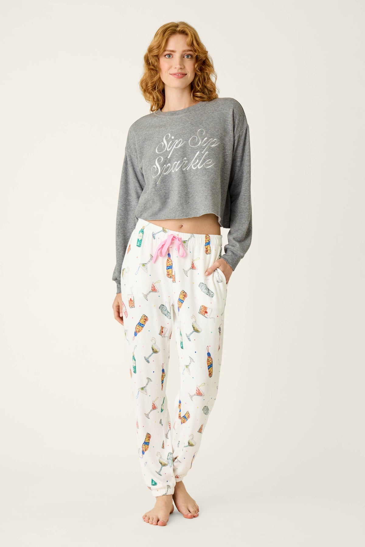 Sip Sip Sparkle Cocktail Charms Print Jogger Pant - WHITE