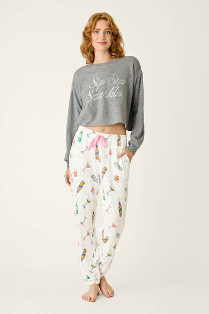 Sip Sip Sparkle Cocktail Charms Print Jogger Pant - WHITE