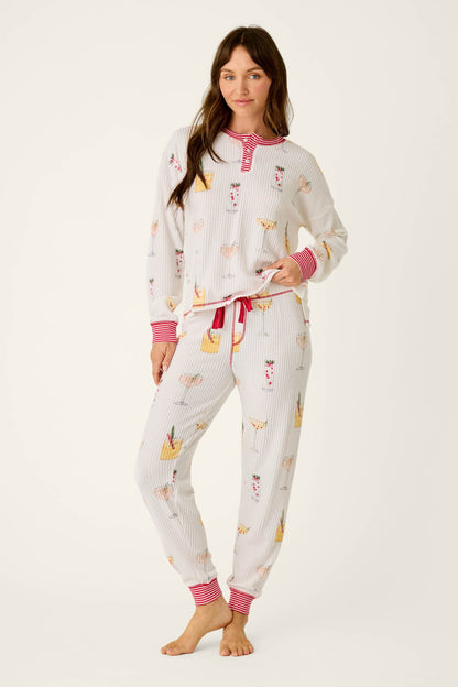 Ski Jammie Classics Cocktail Print Long Sleeve PJ Set - IVORY