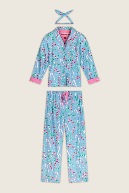 The Sweetest Season Candy Cane Print Flannel 3-Piece PJ Set - SNOWDRIFT
