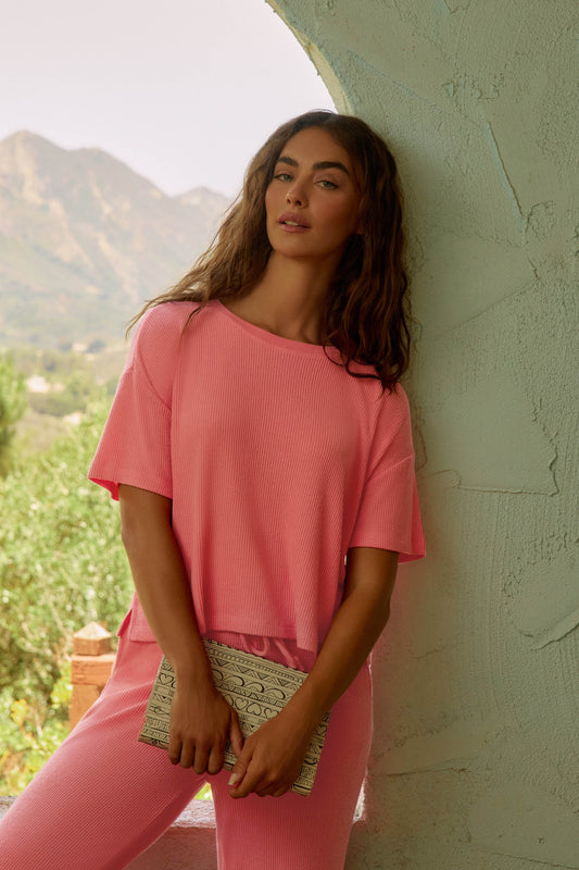 Textured Essentials Sunset Rose Short Sleeve Top - SUNSET ROSE