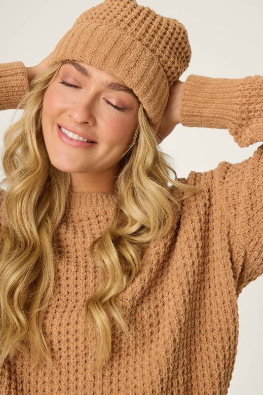 Chenille Waffle Caramel Beanie - CARAMEL
